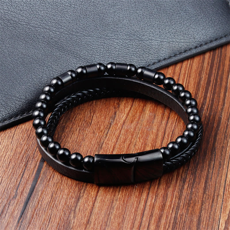 Frosted Stone Multi-layer Leather Titanium Steel Balance Buckle Bracelet