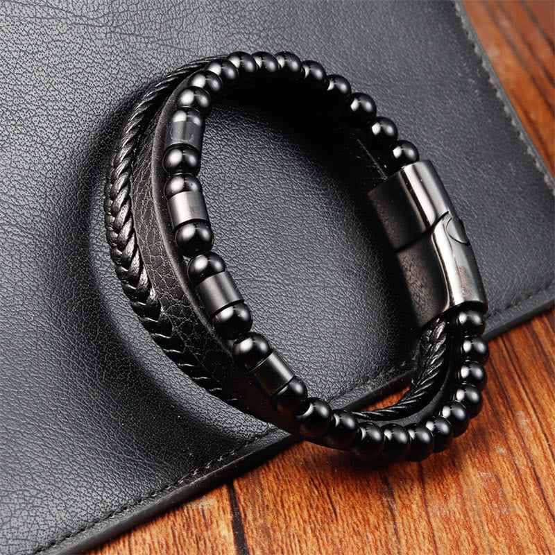 Frosted Stone Multi-layer Leather Titanium Steel Balance Buckle Bracelet