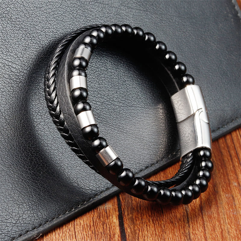 Frosted Stone Multi-layer Leather Titanium Steel Balance Buckle Bracelet