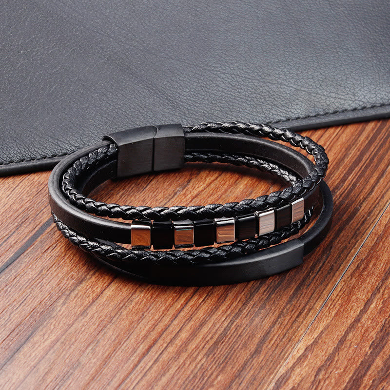 Square Titanium Steel & Multi-layer Leather Buckle Grounding Bracelet