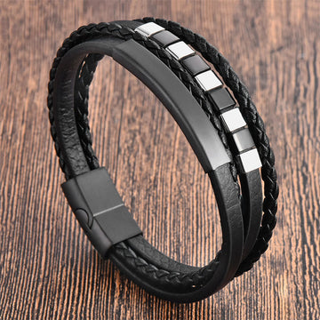 Square Titanium Steel & Multi-layer Leather Buckle Grounding Bracelet
