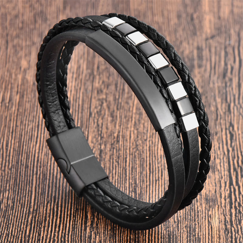 Square Titanium Steel & Multi-layer Leather Buckle Grounding Bracelet