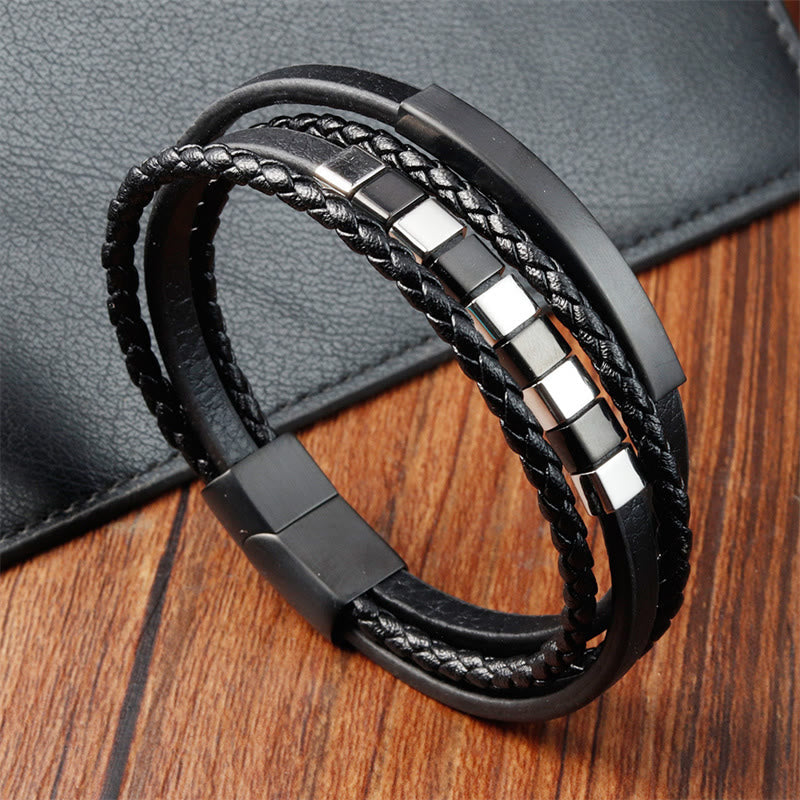 Square Titanium Steel & Multi-layer Leather Buckle Grounding Bracelet