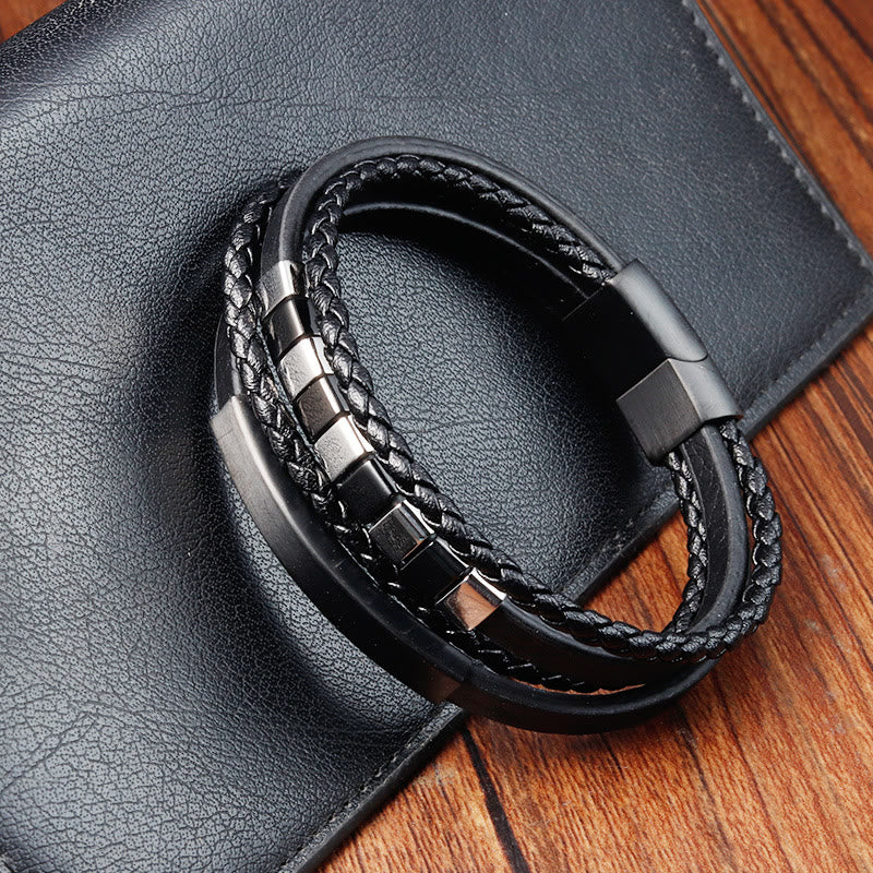 Square Titanium Steel & Multi-layer Leather Buckle Grounding Bracelet