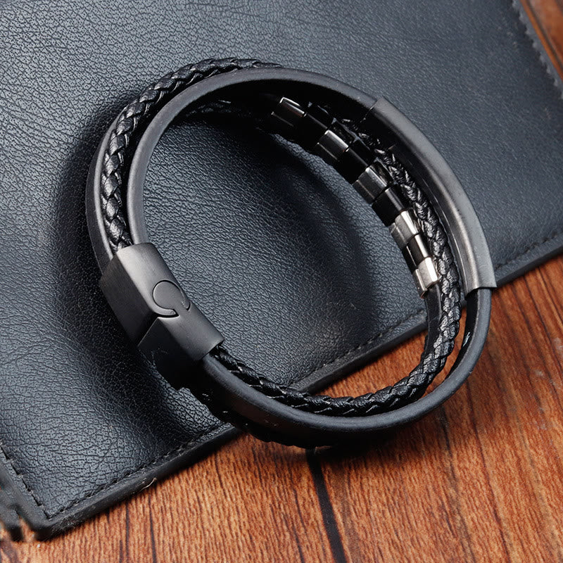 Square Titanium Steel & Multi-layer Leather Buckle Grounding Bracelet