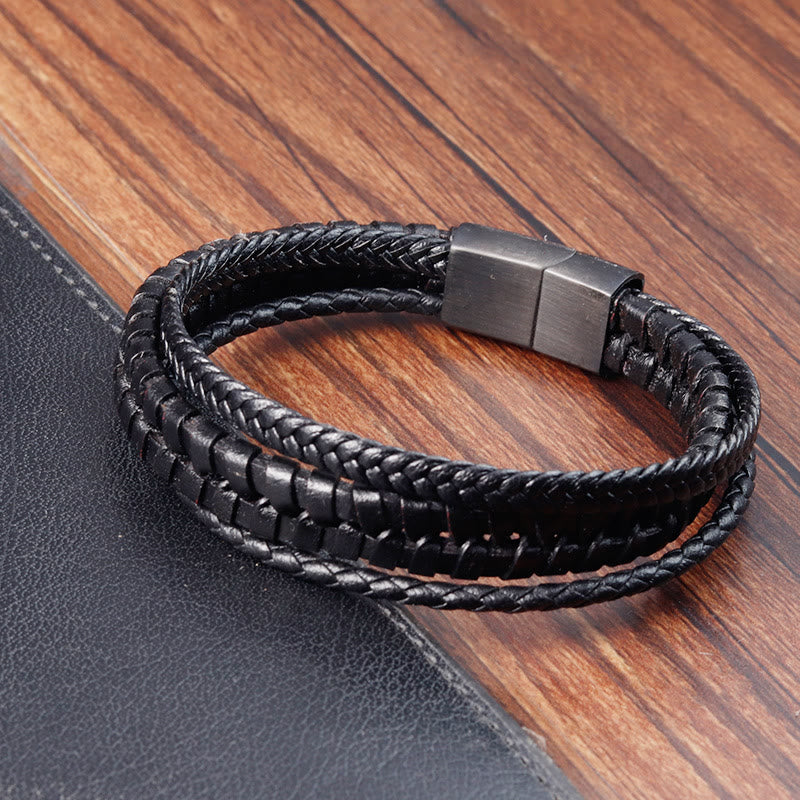 Simple Braided Pattern Titanium Steel Strengthen Multi-layer Leather Buckle Bracelet