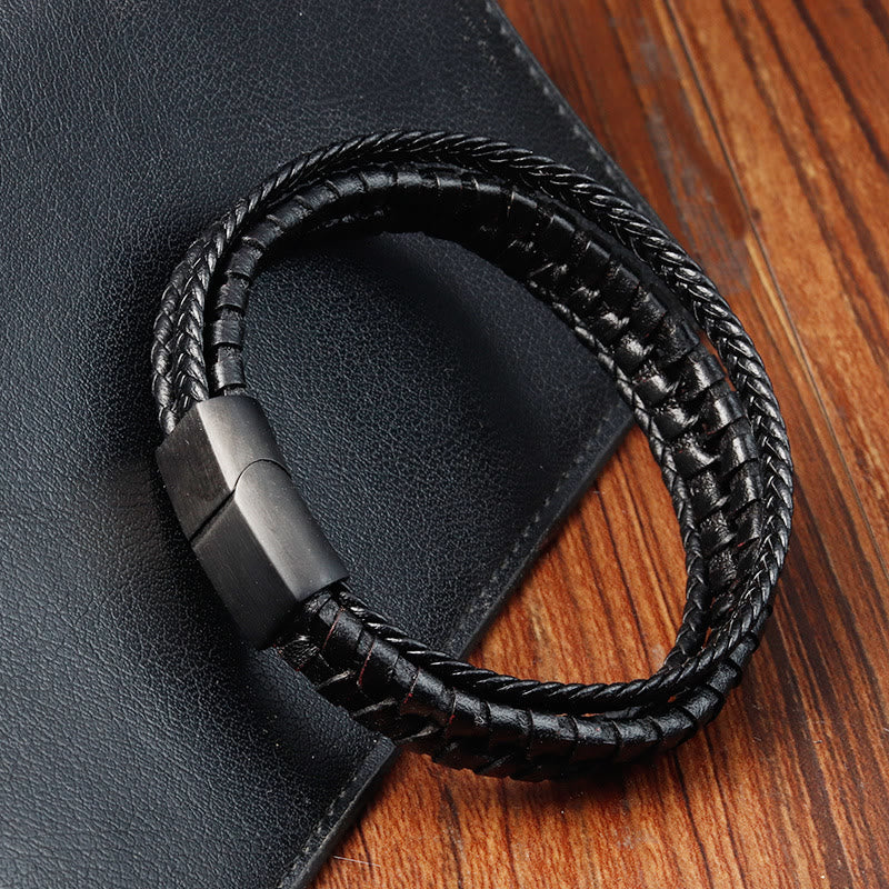 Simple Braided Pattern Titanium Steel Strengthen Multi-layer Leather Buckle Bracelet