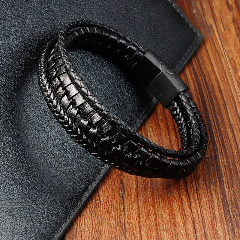 Simple Braided Pattern Titanium Steel Strengthen Multi-layer Leather Buckle Bracelet