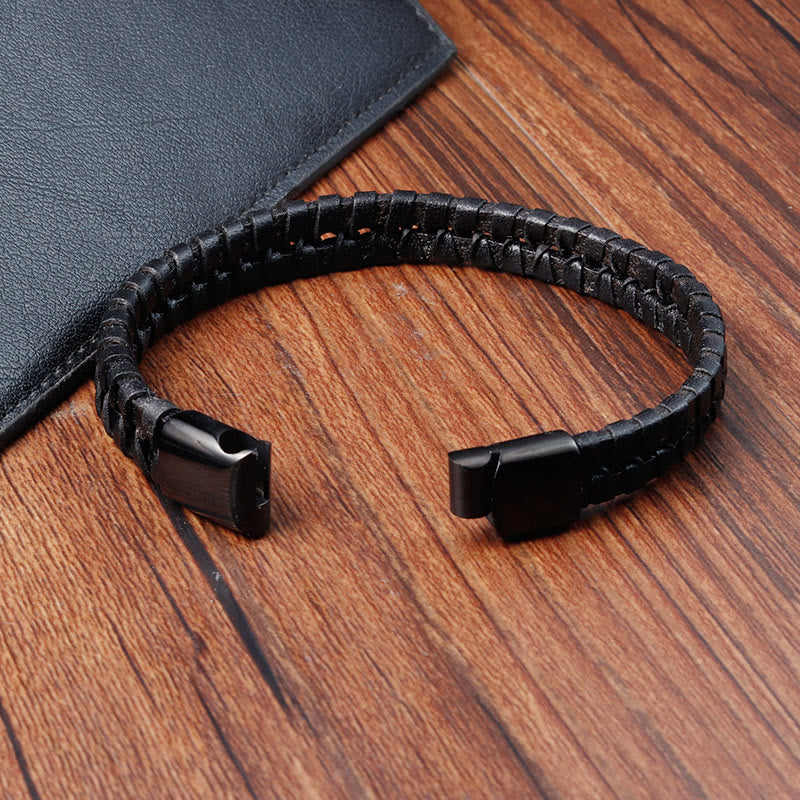 Simple Braided Pattern Titanium Steel Strengthen Multi-layer Leather Buckle Bracelet