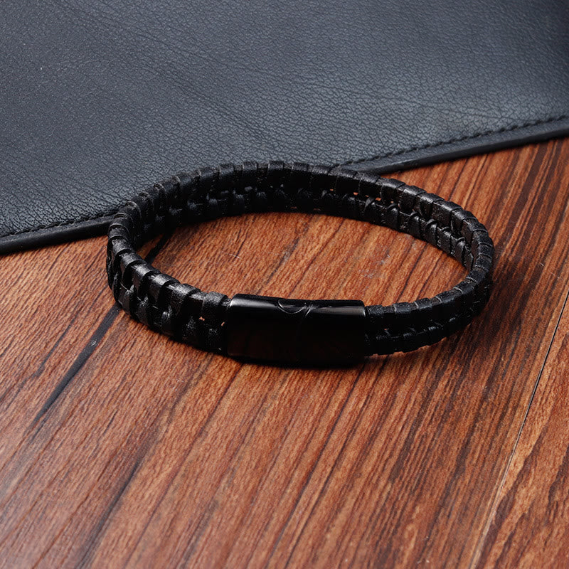 Simple Braided Pattern Titanium Steel Strengthen Multi-layer Leather Buckle Bracelet