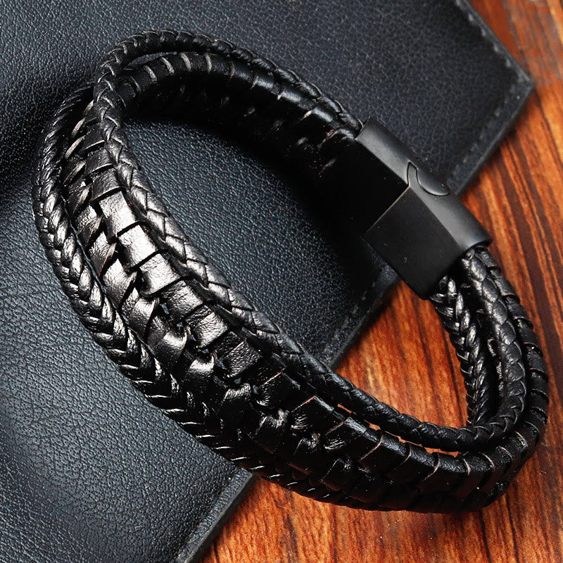 Simple Braided Pattern Titanium Steel Strengthen Multi-layer Leather Buckle Bracelet