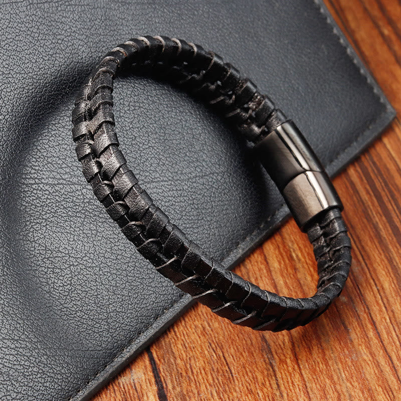 Simple Braided Pattern Titanium Steel Strengthen Multi-layer Leather Buckle Bracelet