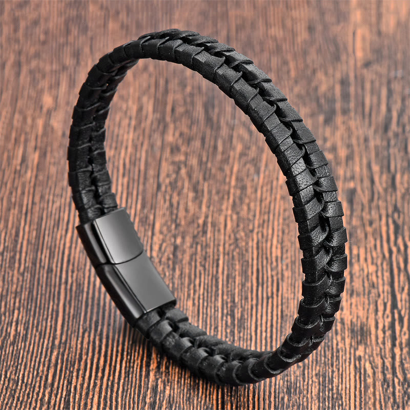 Simple Braided Pattern Titanium Steel Strengthen Multi-layer Leather Buckle Bracelet
