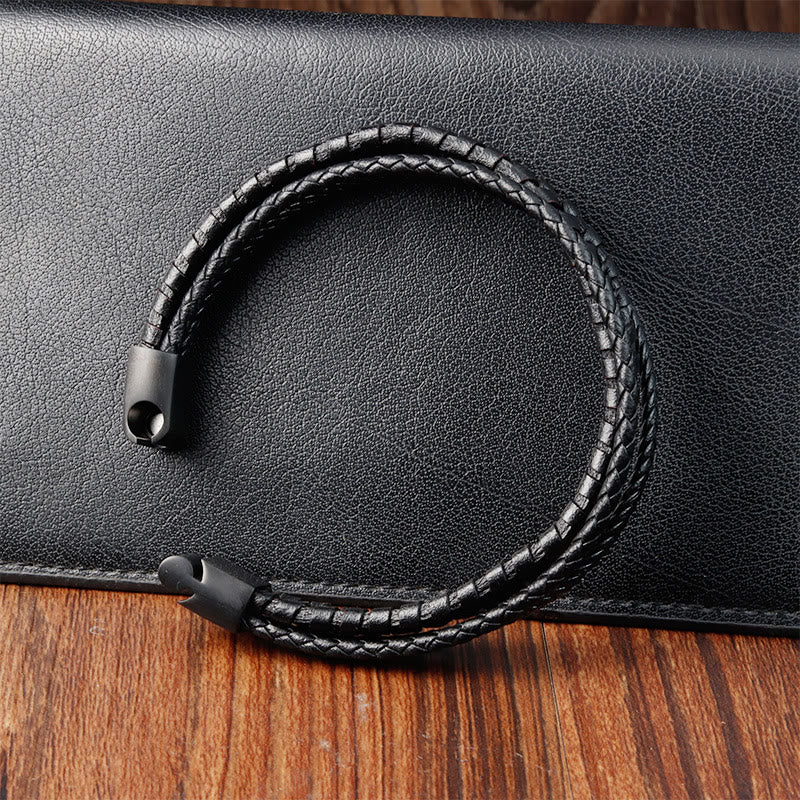 Simple Braided Pattern Titanium Steel Strengthen Multi-layer Leather Buckle Bracelet