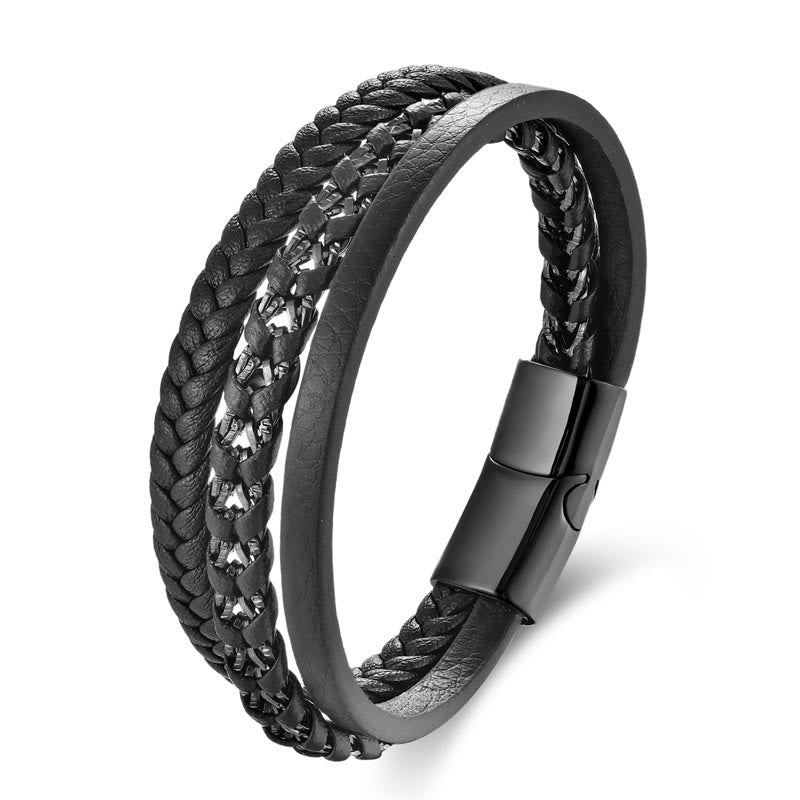 Modern Braided Leather and Titanium Steel Multi-layer Buckle Bracelet