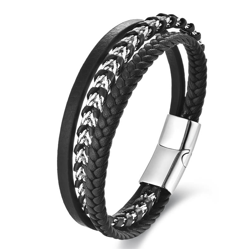 Modern Braided Leather and Titanium Steel Multi-layer Buckle Bracelet