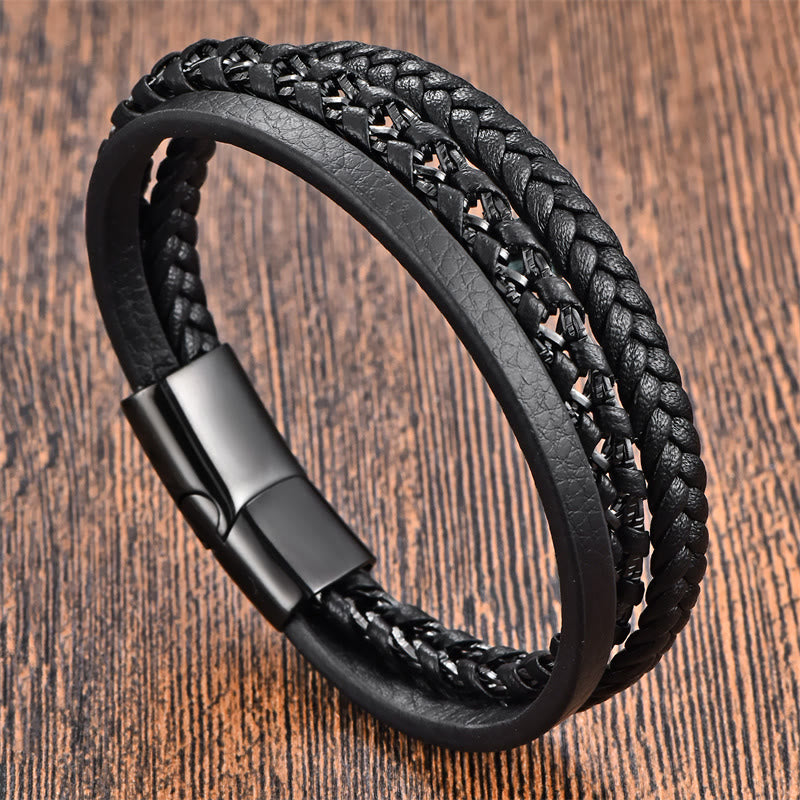 Modern Braided Leather and Titanium Steel Multi-layer Buckle Bracelet