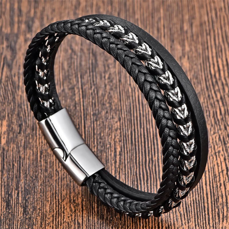 Modern Braided Leather and Titanium Steel Multi-layer Buckle Bracelet