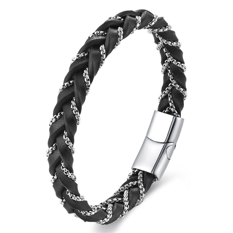 Minimalist Titanium Steel and Braided Leather Buckle Bracelet