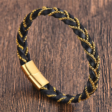 Minimalist Titanium Steel and Braided Leather Buckle Bracelet