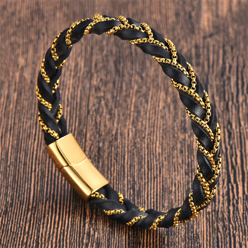 Minimalist Titanium Steel and Braided Leather Buckle Bracelet