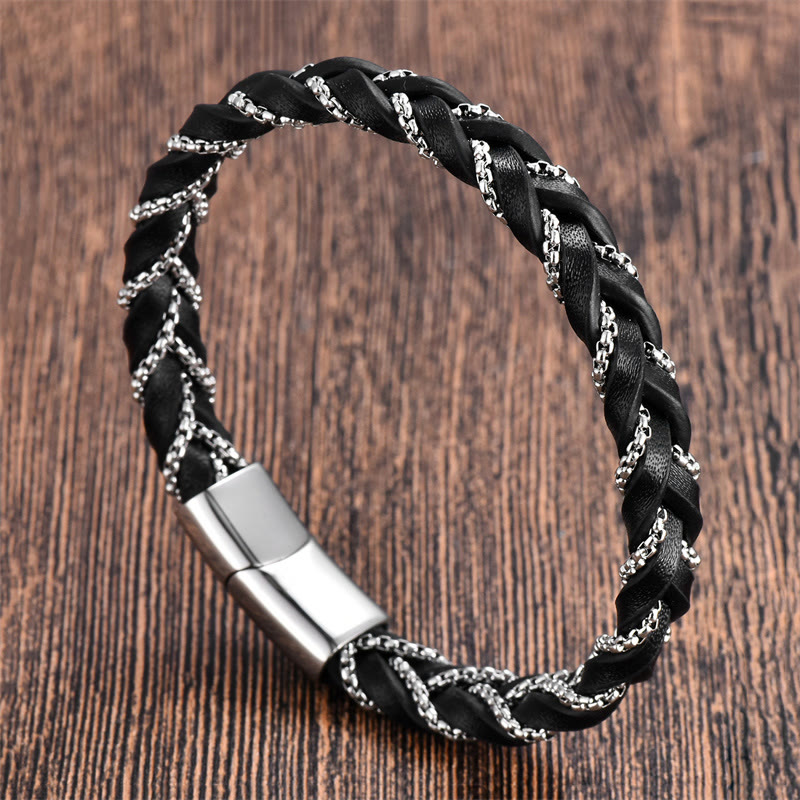 Minimalist Titanium Steel and Braided Leather Buckle Bracelet