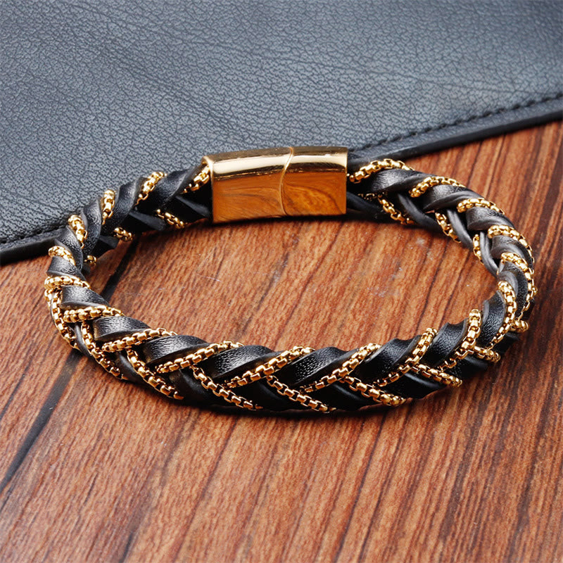Minimalist Titanium Steel and Braided Leather Buckle Bracelet