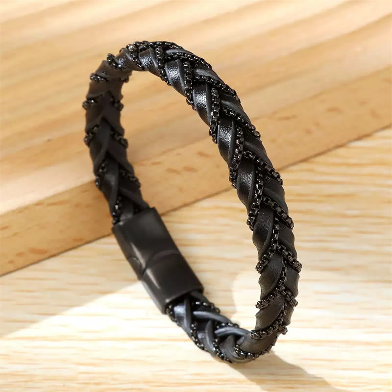 Minimalist Titanium Steel and Braided Leather Buckle Bracelet