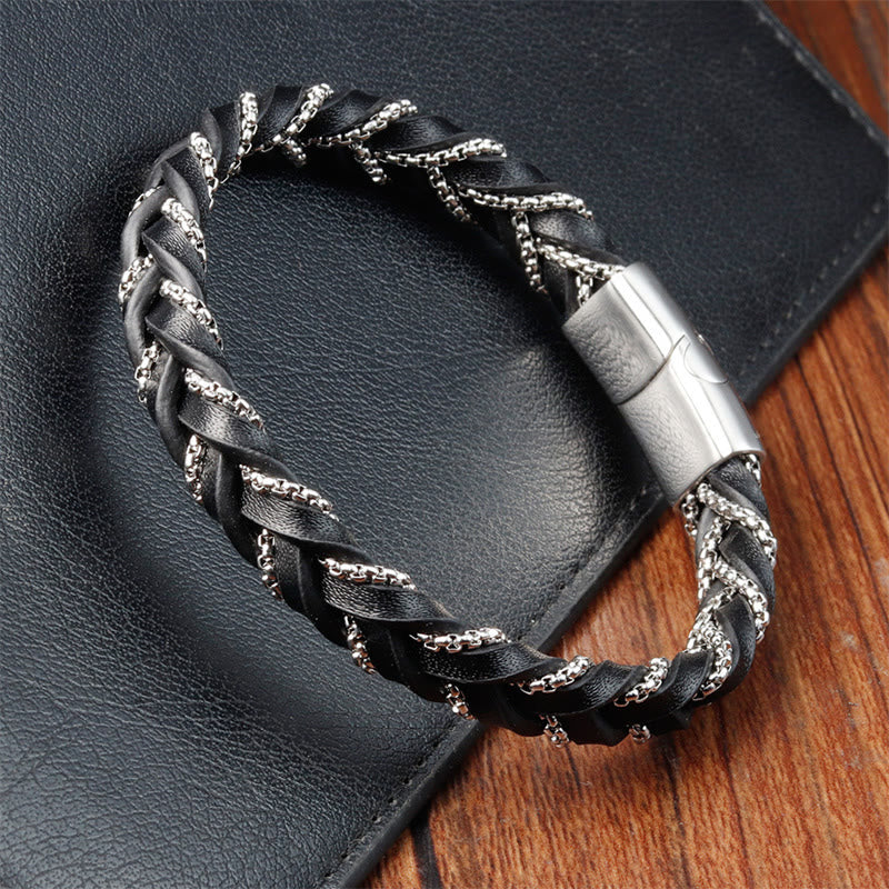 Minimalist Titanium Steel and Braided Leather Buckle Bracelet