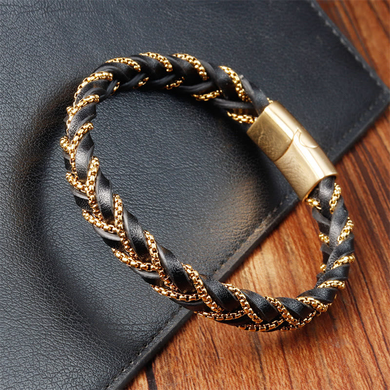 Minimalist Titanium Steel and Braided Leather Buckle Bracelet