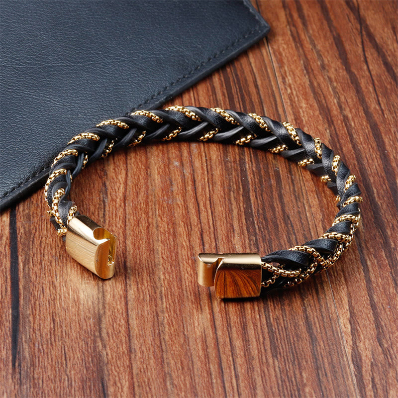 Minimalist Titanium Steel and Braided Leather Buckle Bracelet