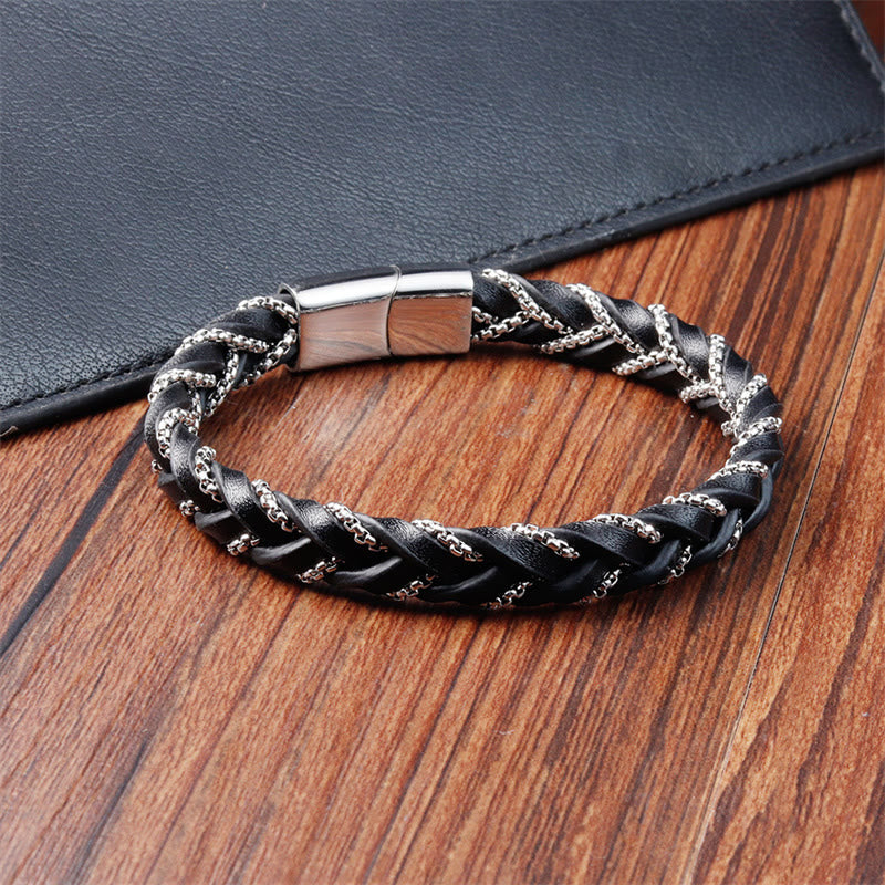 Minimalist Titanium Steel and Braided Leather Buckle Bracelet