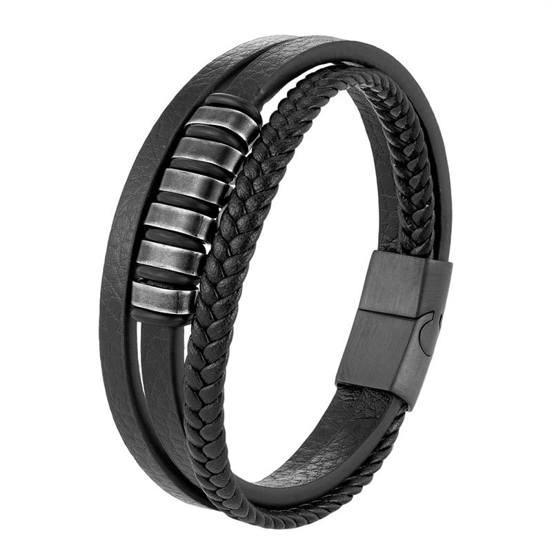 Minimalist Titanium Steel and Braided Three-Layer Leather Buckle Bracelet