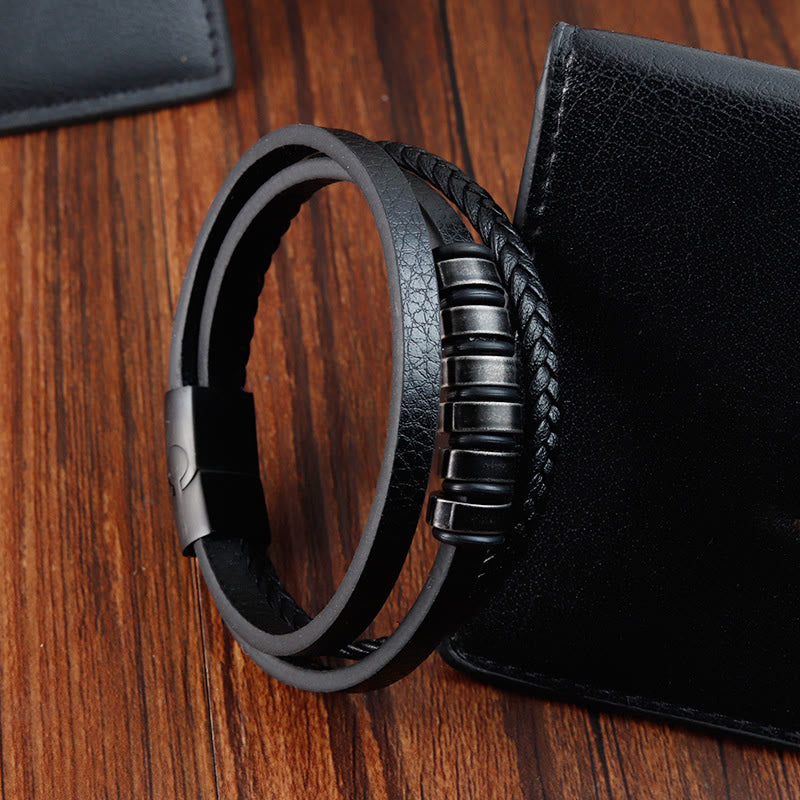 Minimalist Titanium Steel and Braided Three-Layer Leather Buckle Bracelet