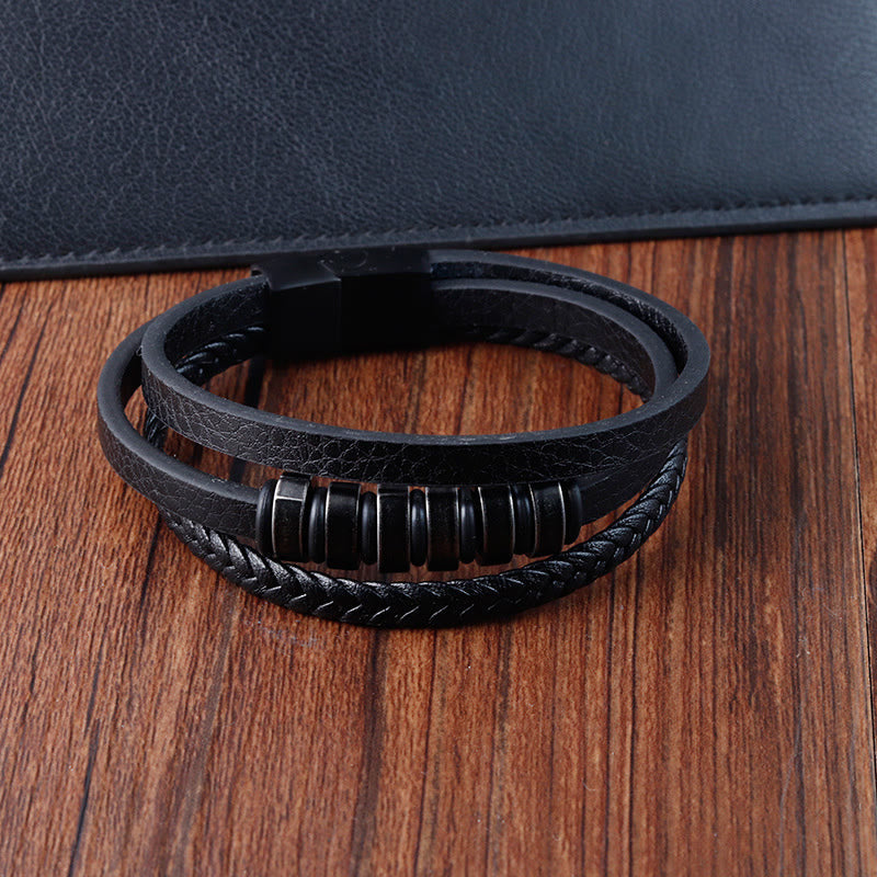 Minimalist Titanium Steel and Braided Three-Layer Leather Buckle Bracelet