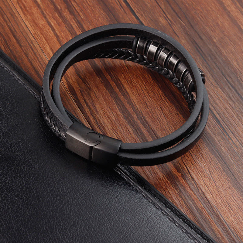 Minimalist Titanium Steel and Braided Three-Layer Leather Buckle Bracelet