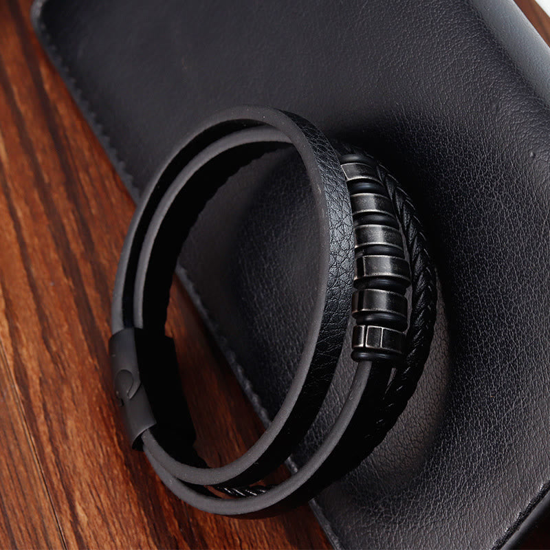 Minimalist Titanium Steel and Braided Three-Layer Leather Buckle Bracelet