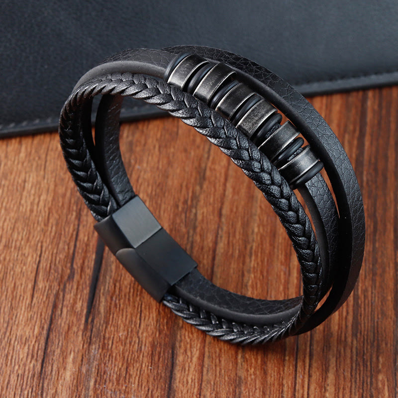 Minimalist Titanium Steel and Braided Three-Layer Leather Buckle Bracelet