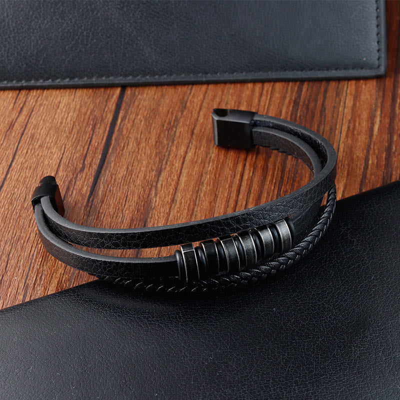 Minimalist Titanium Steel and Braided Three-Layer Leather Buckle Bracelet