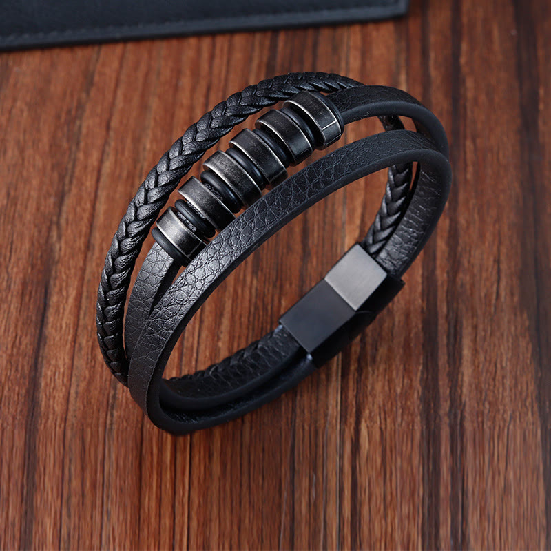 Minimalist Titanium Steel and Braided Three-Layer Leather Buckle Bracelet