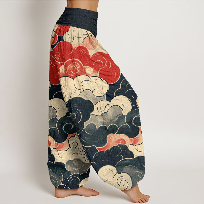 Cotton Casual Auspicious Clouds Pattern Women's Elastic Waist Harem Pants