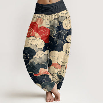 Cotton Casual Auspicious Clouds Pattern Women's Elastic Waist Harem Pants