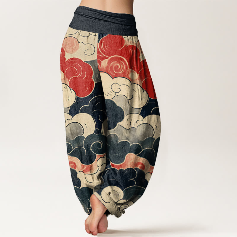 Cotton Casual Auspicious Clouds Pattern Women's Elastic Waist Harem Pants