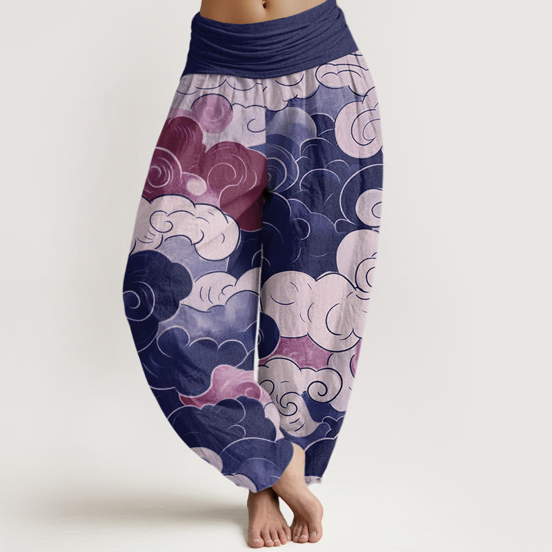 Cotton Casual Auspicious Clouds Pattern Women's Elastic Waist Harem Pants