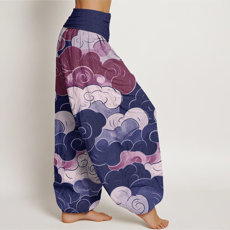 Cotton Casual Auspicious Clouds Pattern Women's Elastic Waist Harem Pants