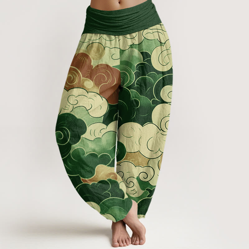 Cotton Casual Auspicious Clouds Pattern Women's Elastic Waist Harem Pants