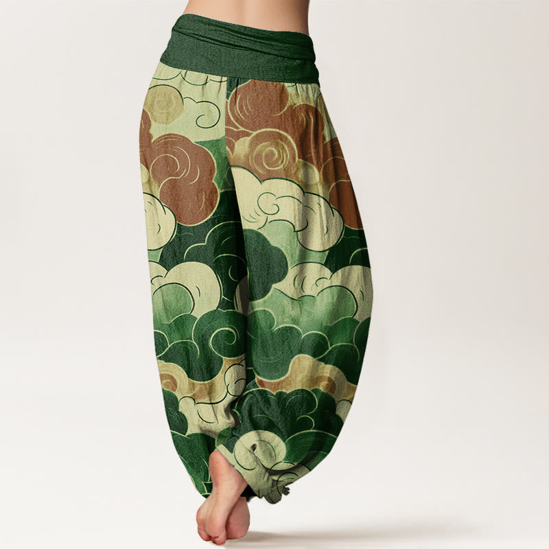 Cotton Casual Auspicious Clouds Pattern Women's Elastic Waist Harem Pants