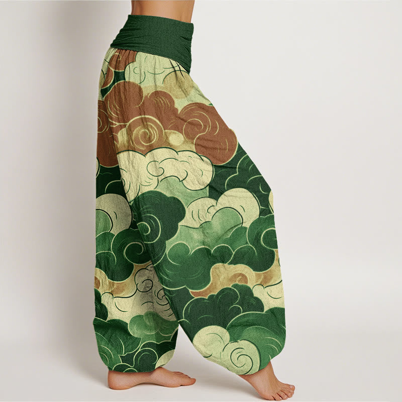 Cotton Casual Auspicious Clouds Pattern Women's Elastic Waist Harem Pants