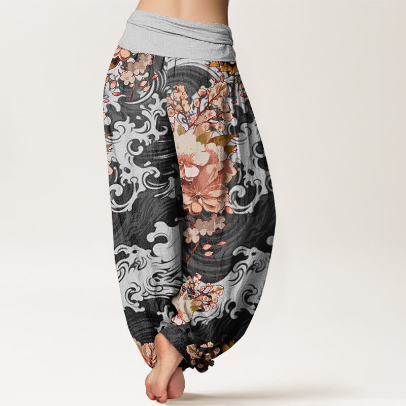 Cotton Casual Wave And Floral Pattern Women's Elastic Waist Harem Pants