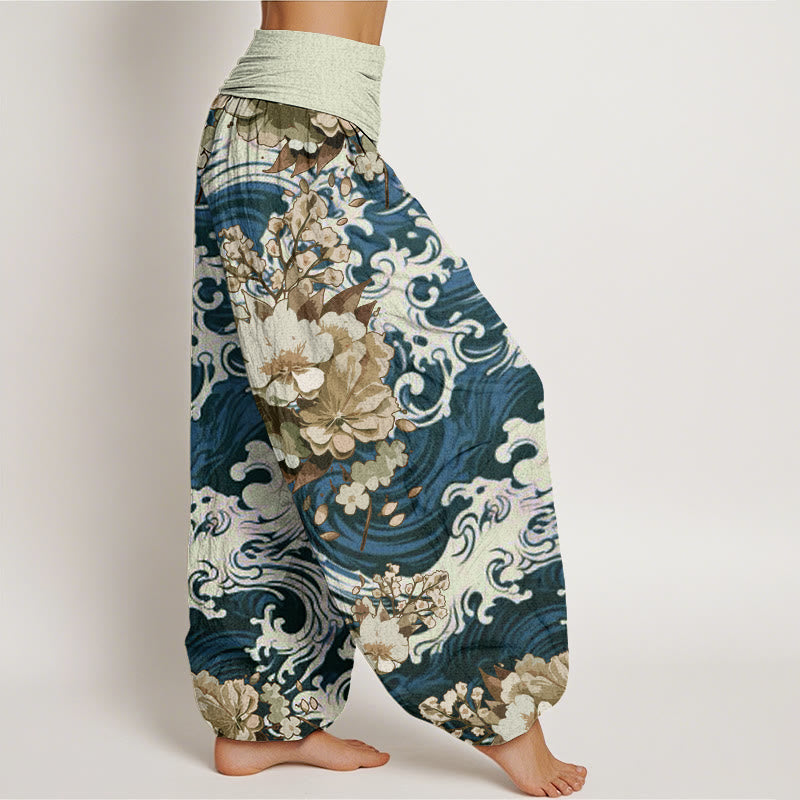 Cotton Casual Wave And Floral Pattern Women's Elastic Waist Harem Pants